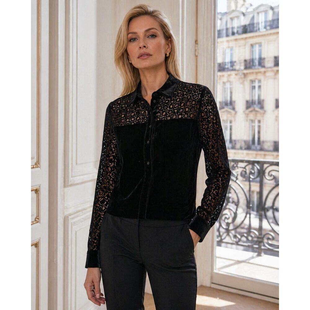 Anne Fontaine Black Lace Velvet Long Sleeve Button Up Shirt Top  Women's Size 44